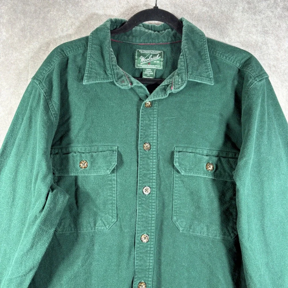 Woolrich Button Down Chamois Shirt Mens Large Green Heavyweight Flannel Outdoor